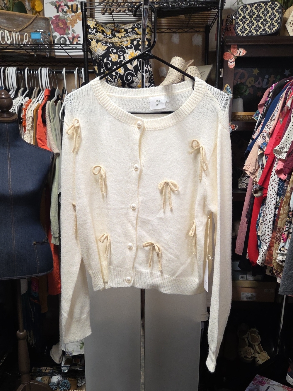 Ivory Bow-Appliqué Button Cardigan Sweater - Women